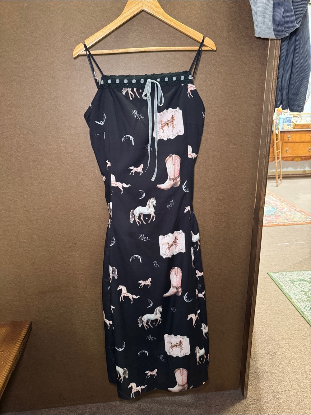 Black Western-Print Spaghetti Strap Midi Dress with Pink Accents